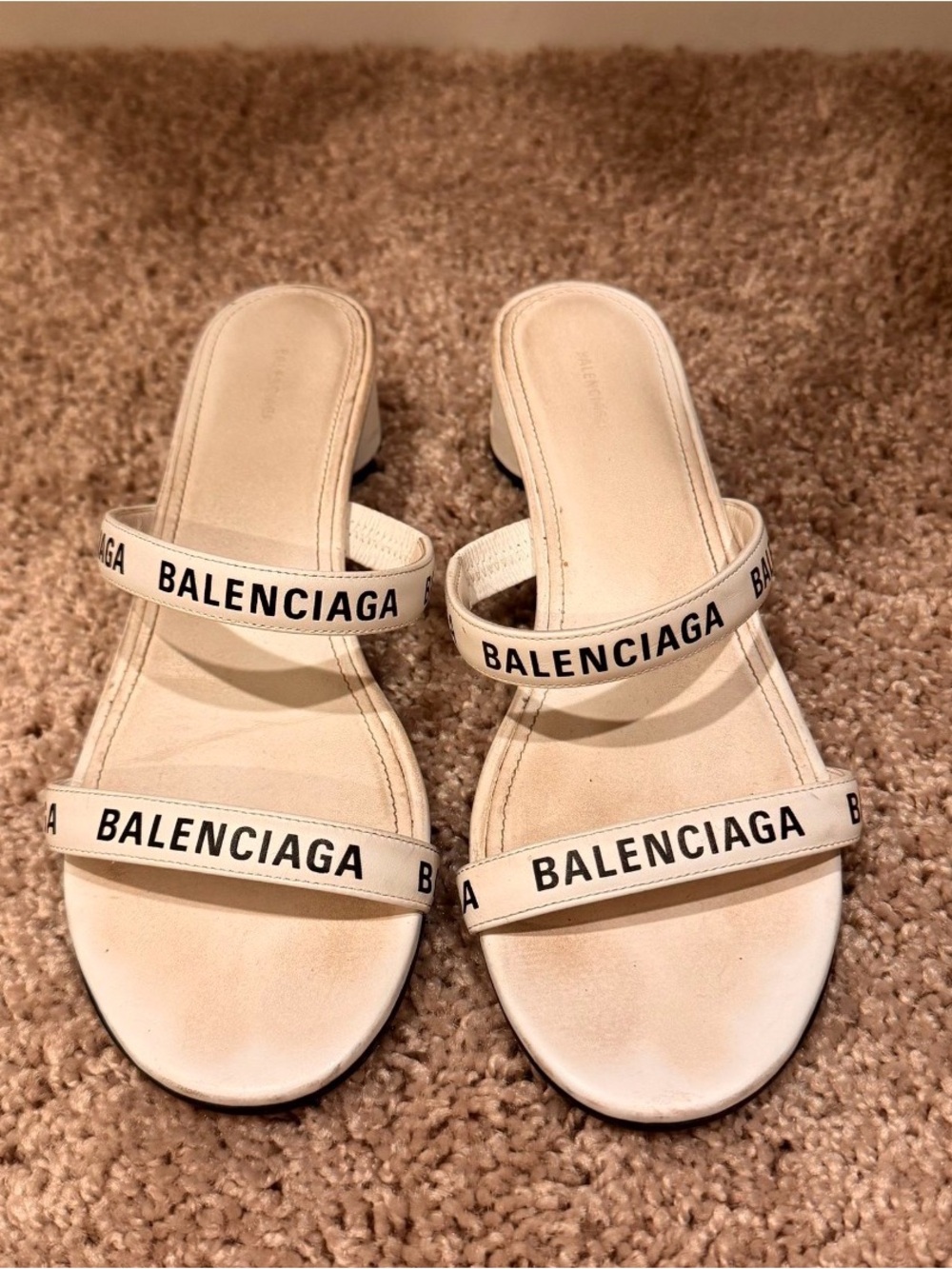 Balenciaga Cream Logo-Strap Slide Sandals